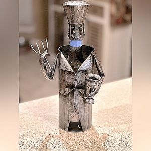 Metal Wine Bottle Caddy Chef with Fork and Chalice Silver Tone
